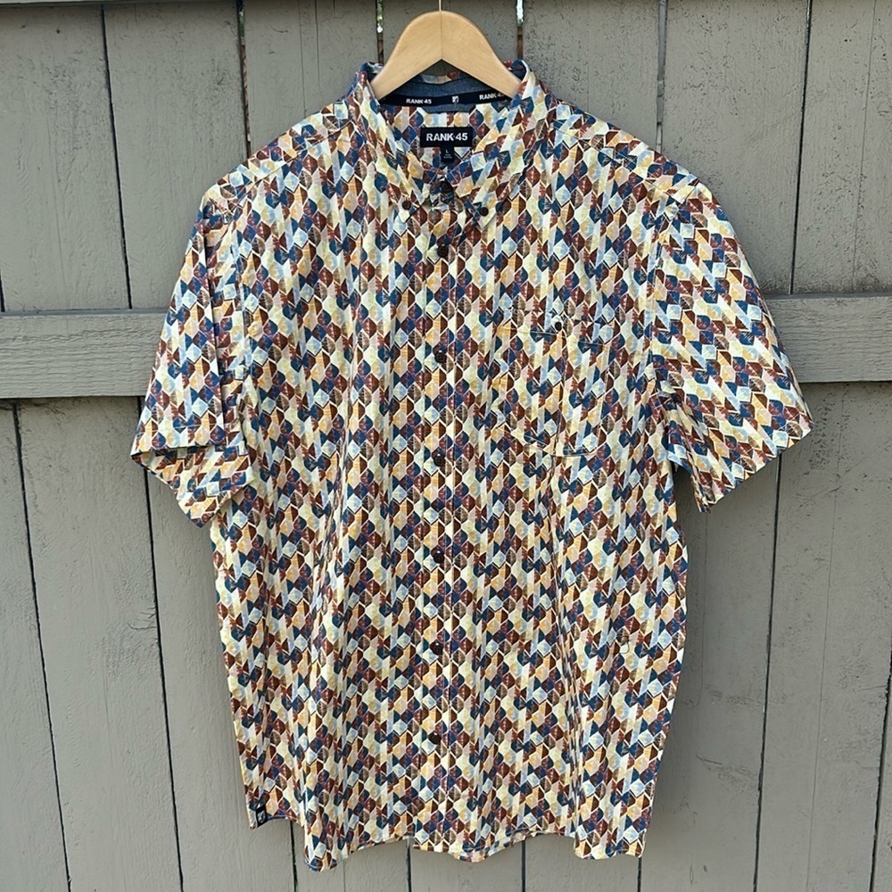 Rank 45 Men's Abstract Geo Print Short Sleeve Button Down Western Shirt Rodeo L